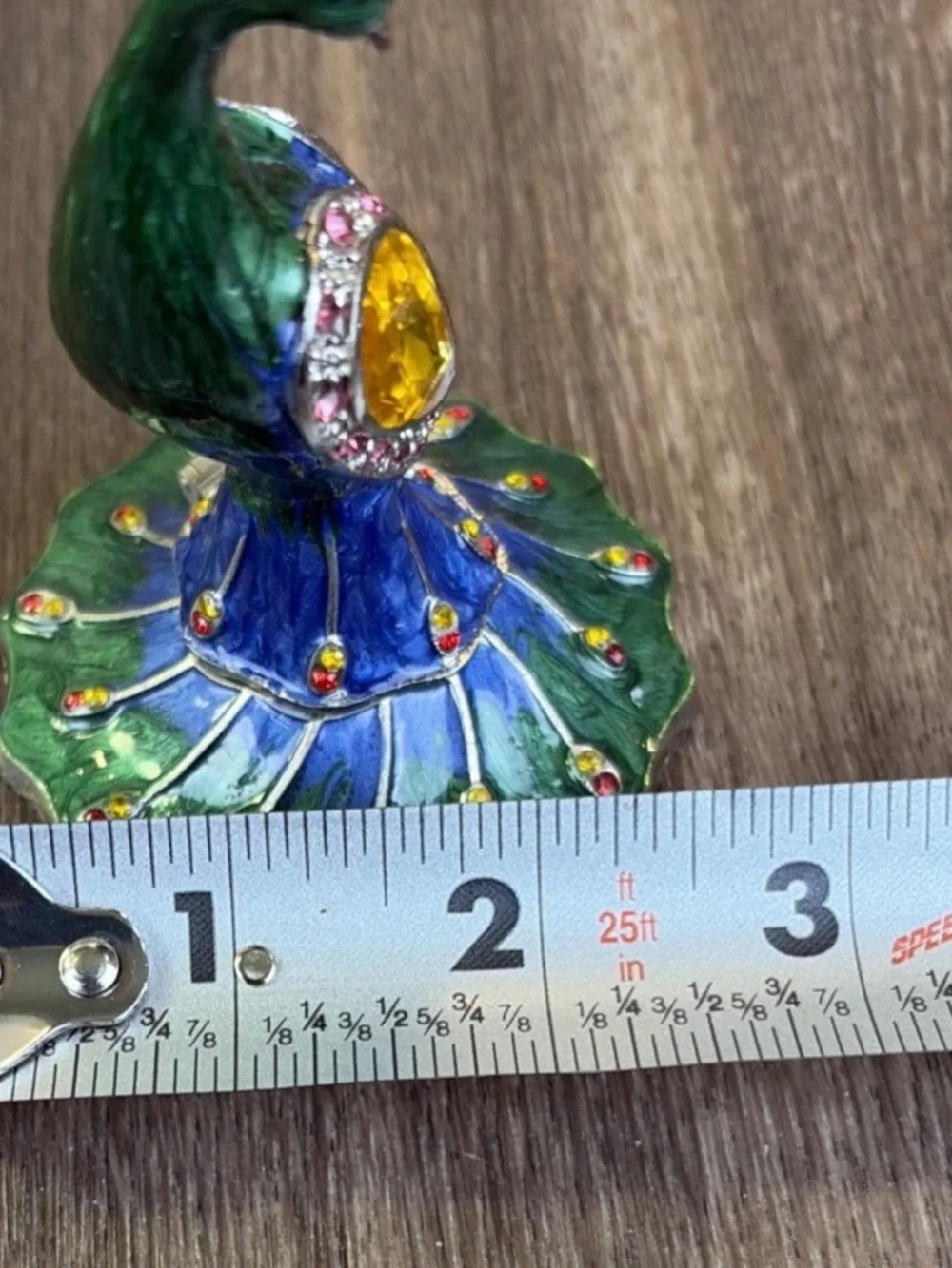 Enamel & Rhinestone Hinged Peacock Jewelry Pill Trinket Box Magnetic Metal